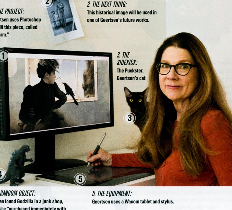 Corinne Geertsen with cat working at computer from Phoenix Magazine 20160900